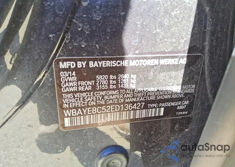 2014 BMW 750 Li from USA, damaged, VIN WBAYE8C52ED136427